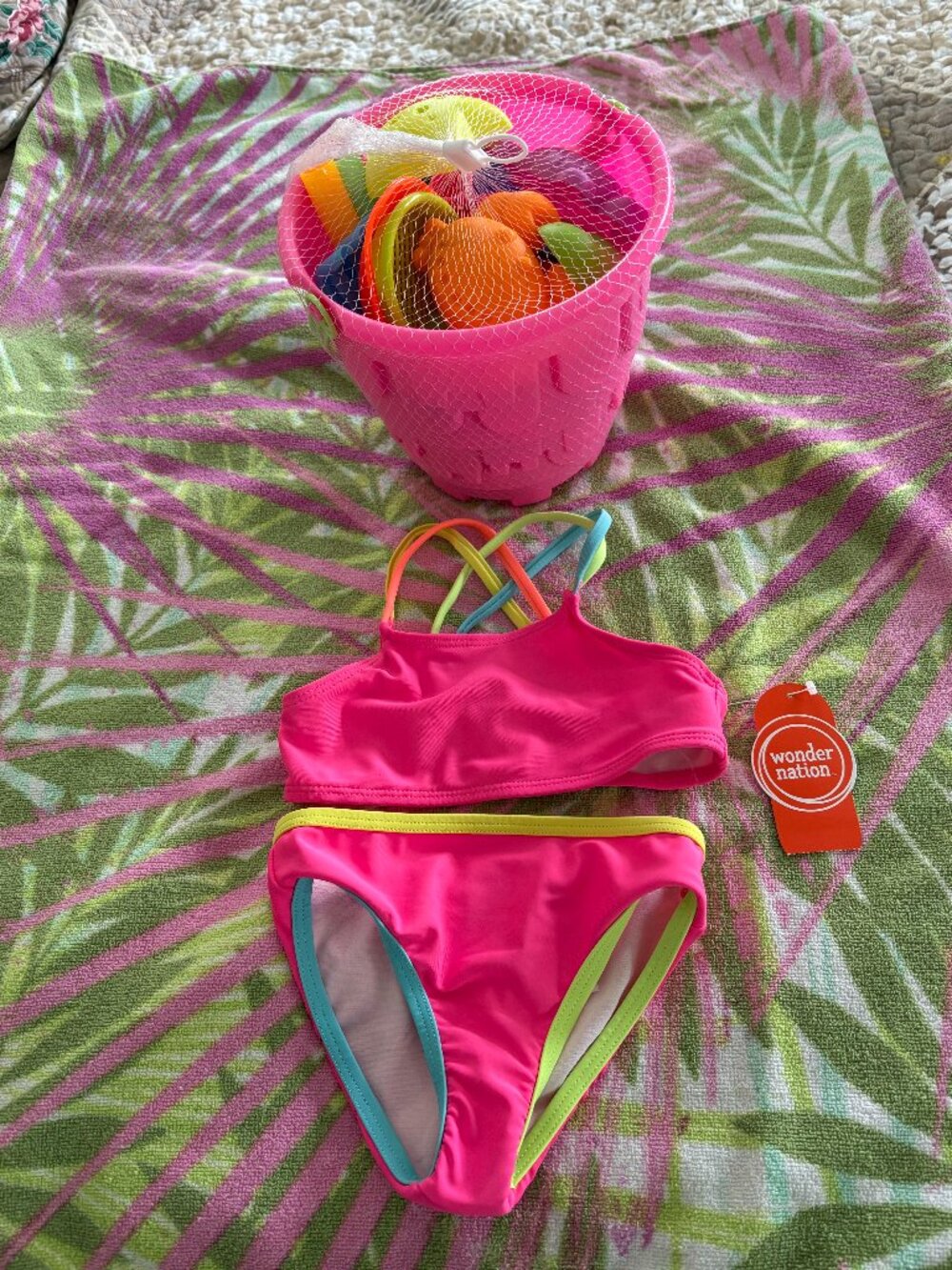 Wonder Nation Girls Vibrant Neon Pink Crisscross Straps 2 Piece Bikini Size 2T - Picture 2 of 5
